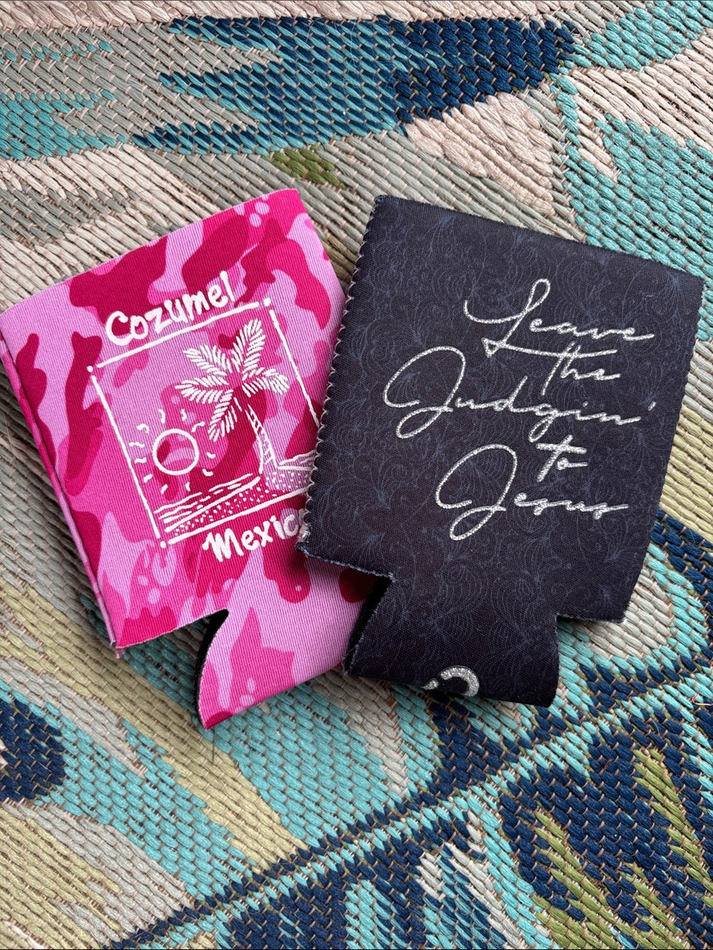 Cozumel Pink Camo Can Cooler & Black Script Can Coozie